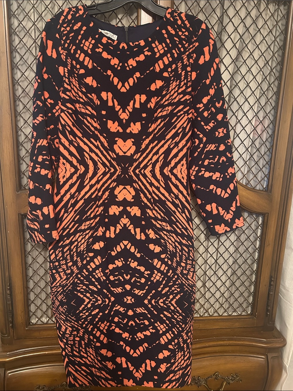 Maggy London Navy & Coral Abstract Long-Sleeve Sheath Dress